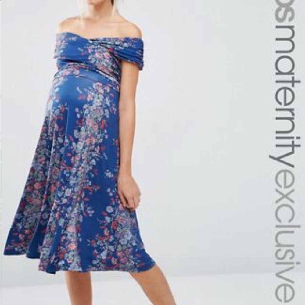 ASOS Maternity off the shoulder blue floral dress